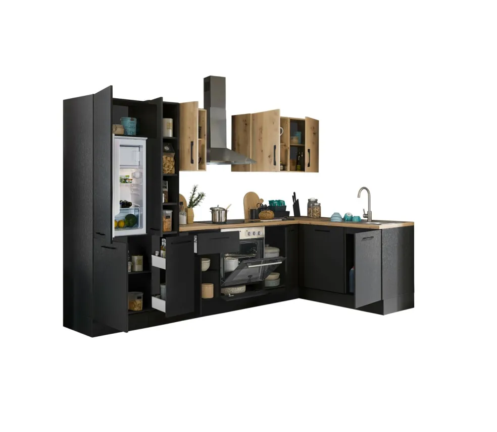 Bloc cuisine avec électroménager CORNWALL (cuisine d'angle-lave-vaisselle-réfrigérateur-armoire coulissante) III