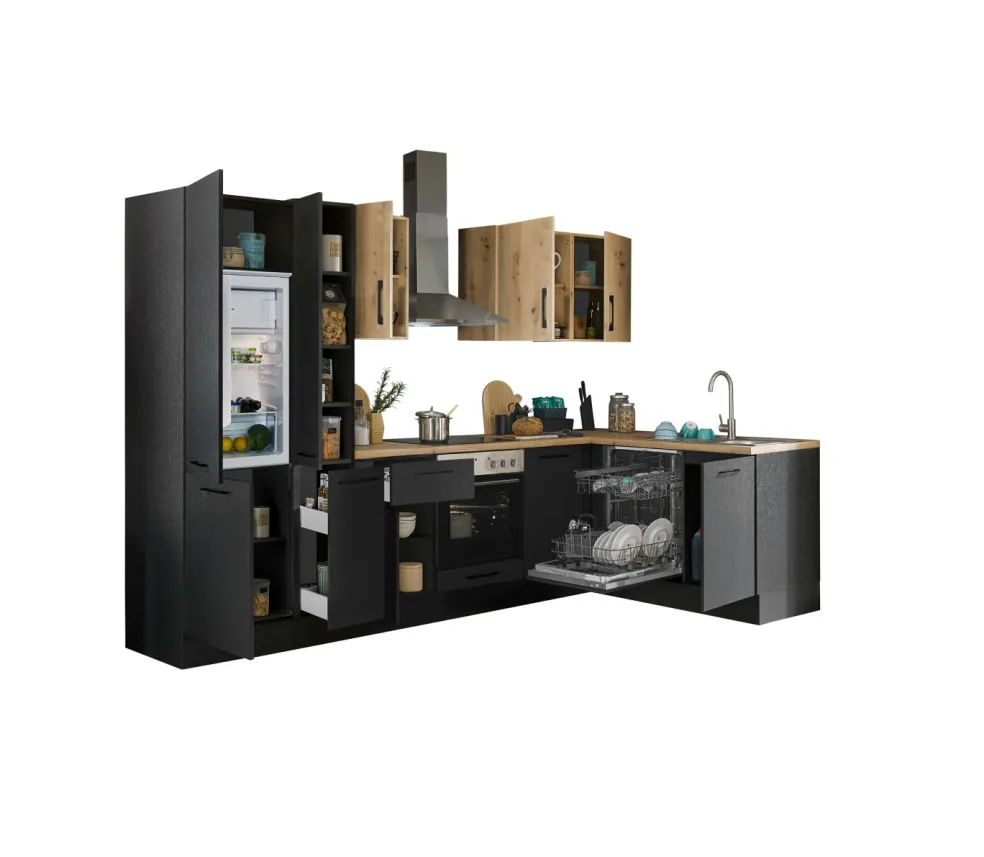 Bloc cuisine avec électroménager CORNWALL (cuisine d'angle-lave-vaisselle-réfrigérateur-armoire coulissante) III