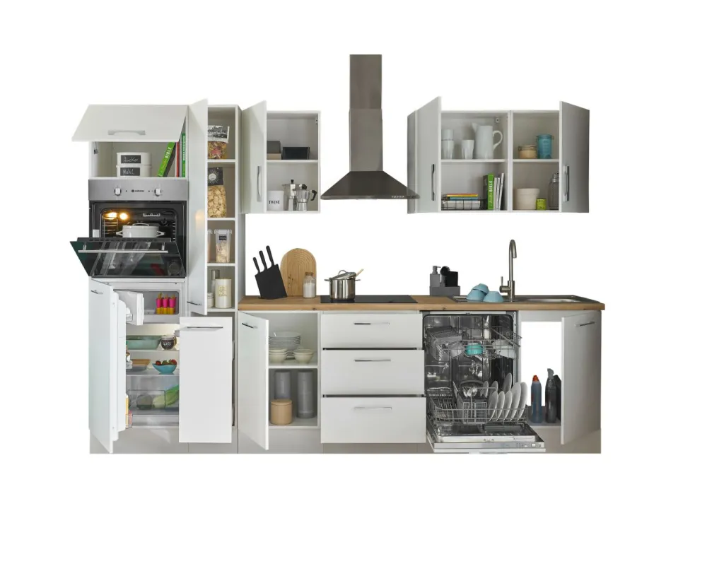 Bega BBK Cuisines Équipées|Afficher Blocs Cuisine<Bloc cuisine avec électroménager CORNWALL (bloc cuisine-four-lave-vaisselle-réfrigérateur-armoire coulissante) I