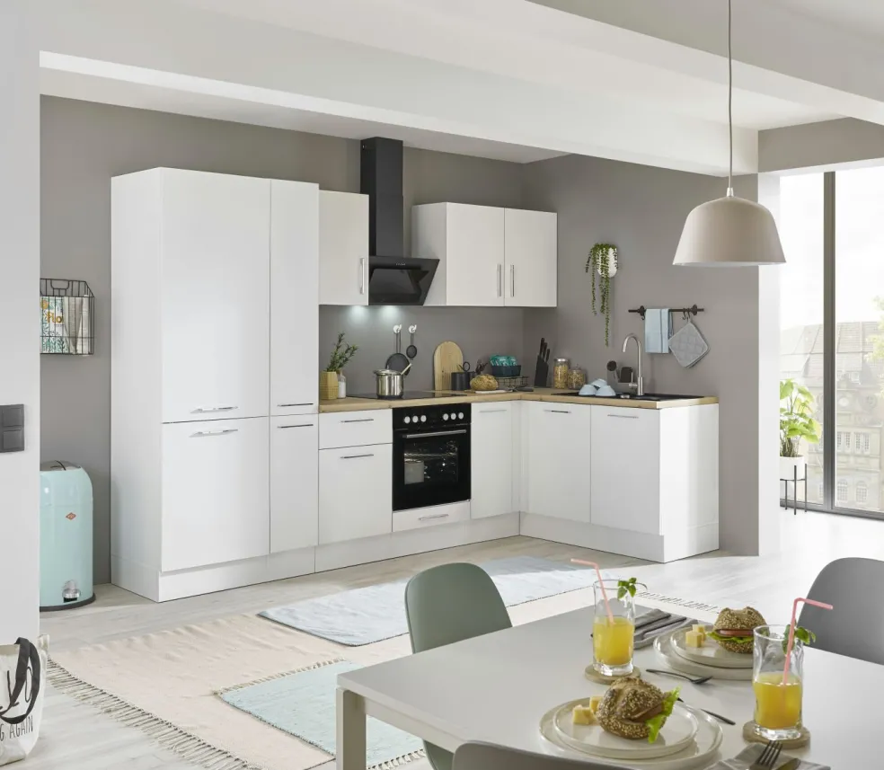 Bloc cuisine avec électroménager CORNWALL (cuisine d'angle-réfrigérateur-armoire coulissante) II