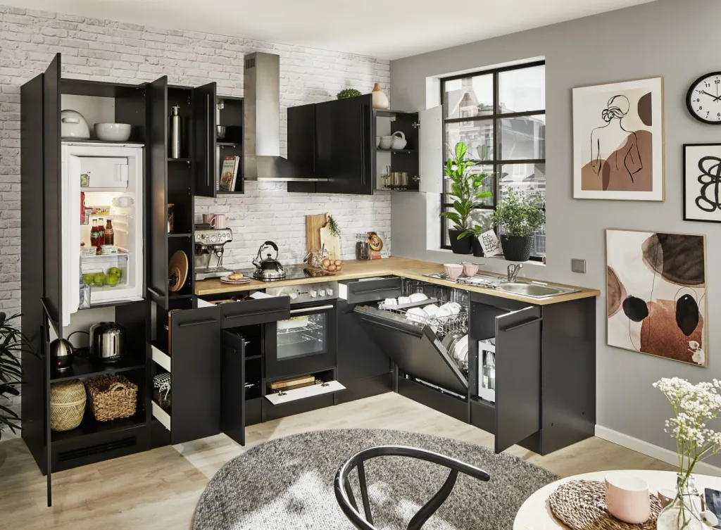 Bega BBK Meubles De Cuisine Jazz|Cuisines Équipées<Bloc cuisine avec électroménager JAZZ 8 (angle-réfrigérateur-armoire coulissante) II