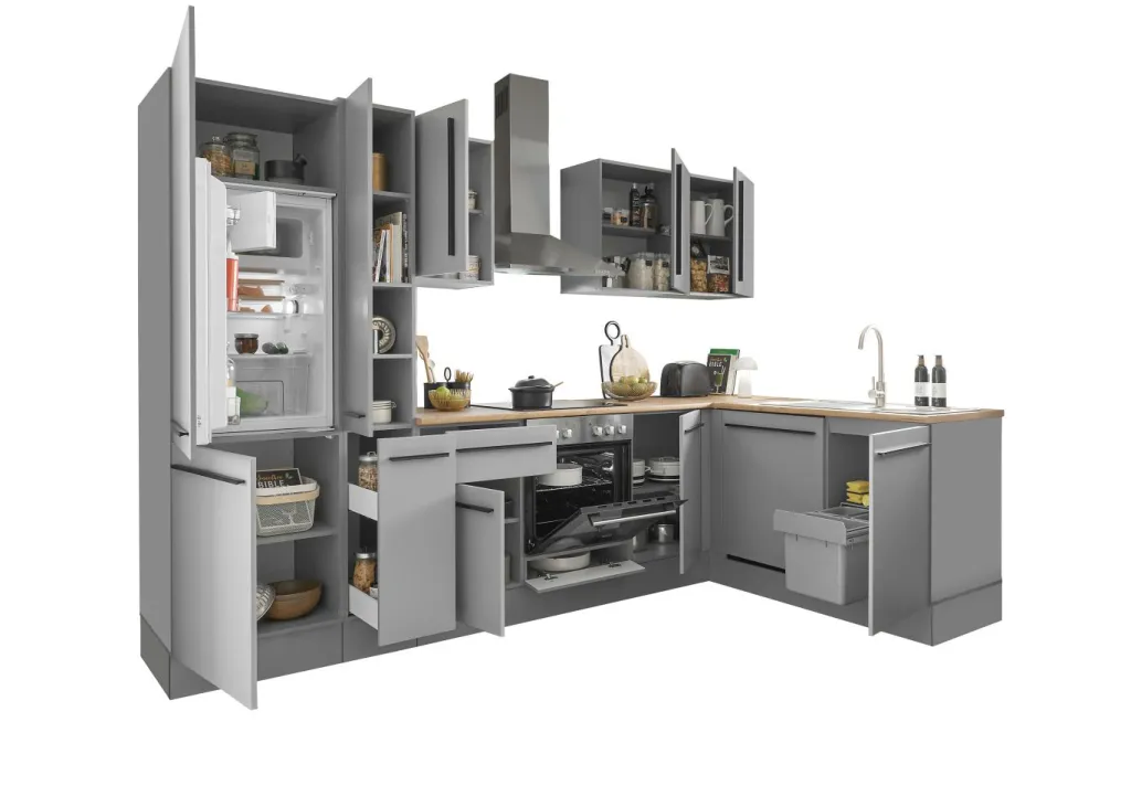 Bega BBK Cuisines Équipées|Afficher Blocs Cuisine<Bloc cuisine avec électroménager MANCHESTER (angle-réfrigérateur-armoire coulissante) I