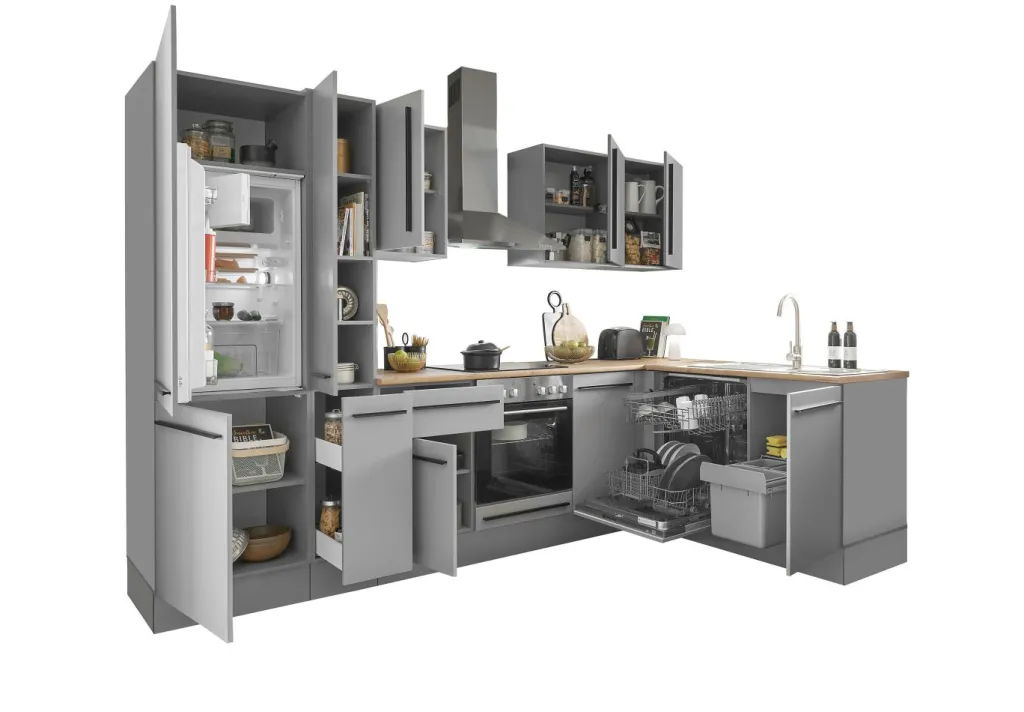 Bega BBK Cuisines Équipées|Afficher Blocs Cuisine<Bloc cuisine avec électroménager MANCHESTER (angle-réfrigérateur-armoire coulissante) I