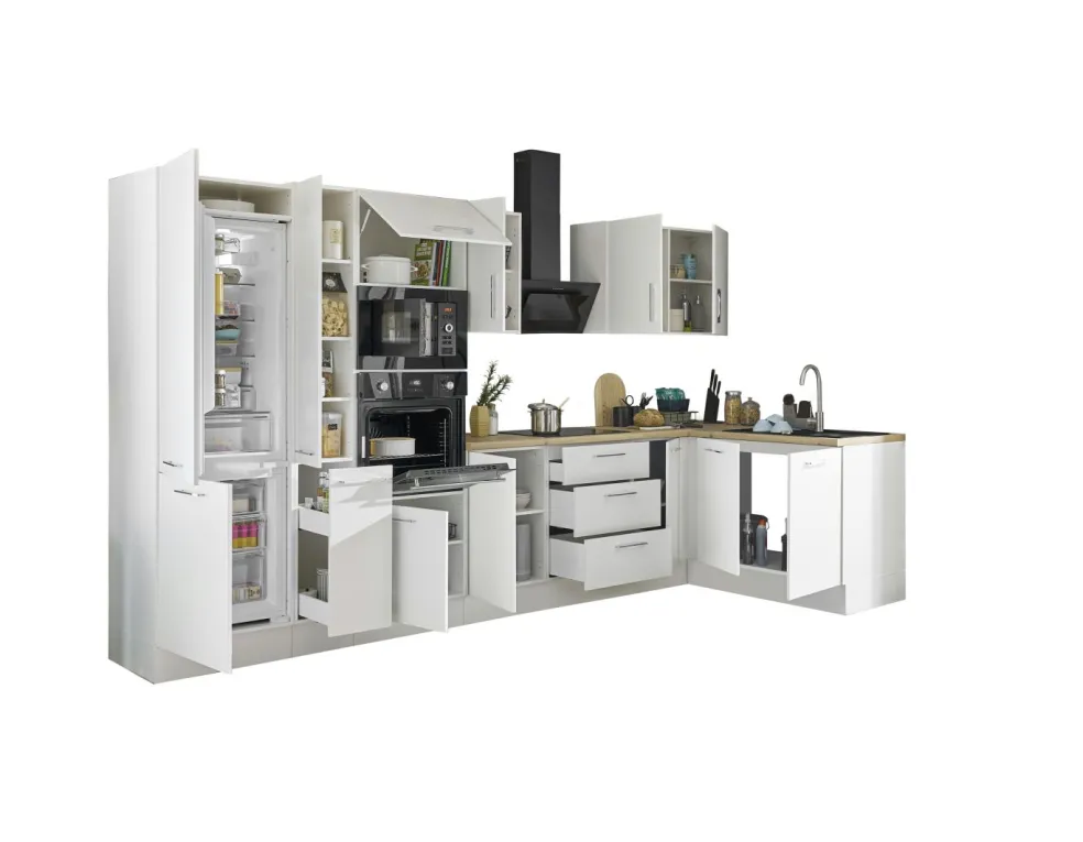 Bloc cuisine avec électroménager CORNWALL (cuisine d'angle-four-réfrigérateur-micro-ondes-armoire coulissante) II
