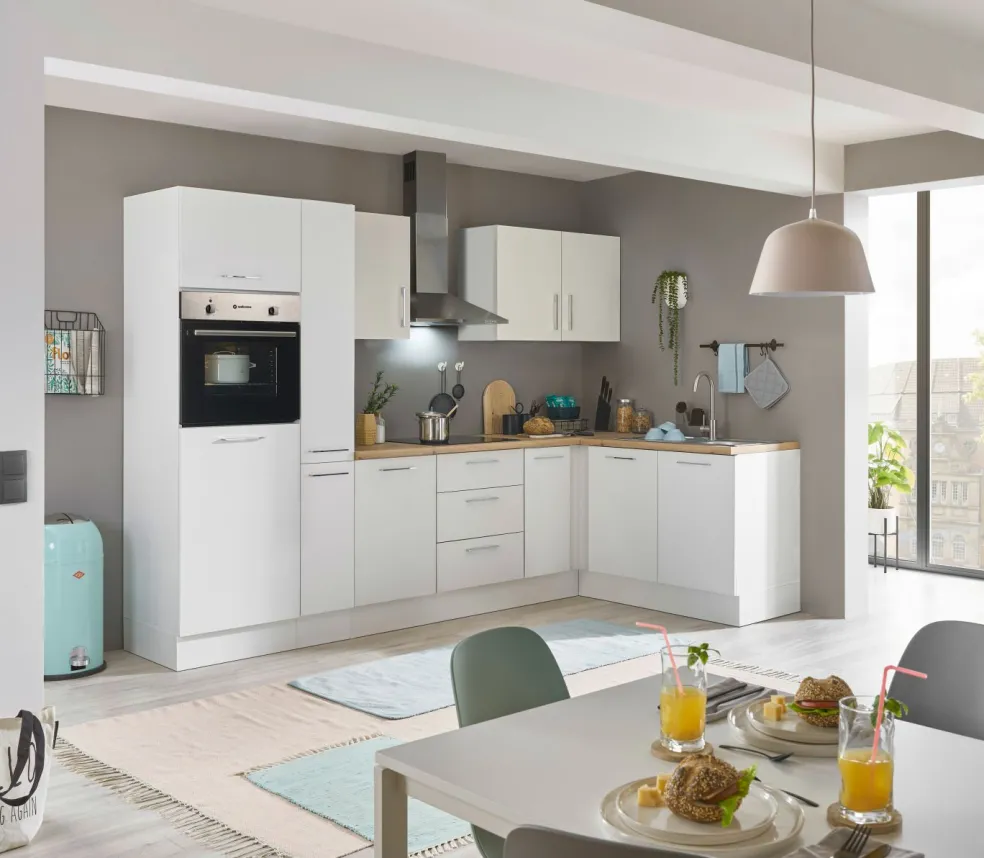 Bloc cuisine avec électroménager CORNWALL (cuisine d'angle-four-réfrigérateur-armoire coulissante) I