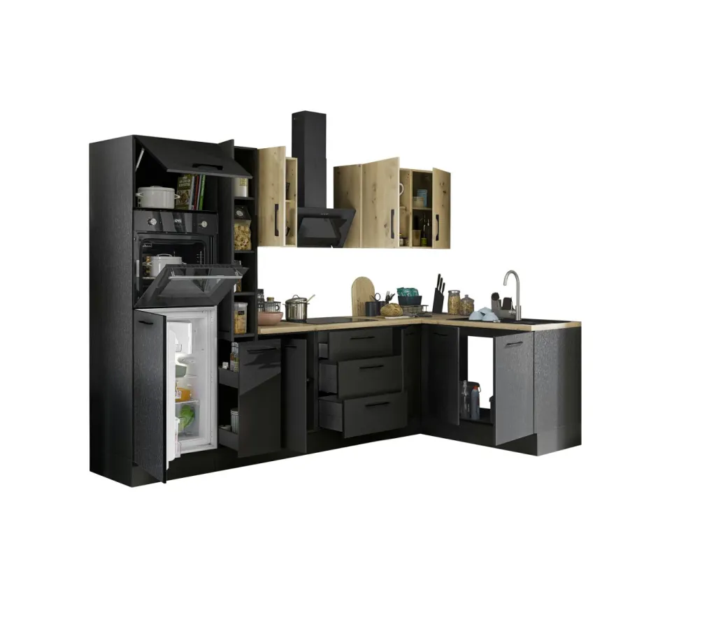 Bega BBK Cuisines Équipées|Afficher Blocs Cuisine<Bloc cuisine avec électroménager CORNWALL (cuisine d'angle-four-réfrigérateur-armoire coulissante) VI