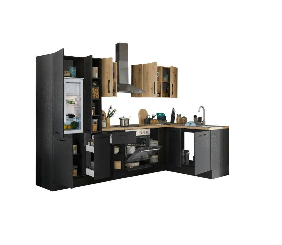 Bloc cuisine avec électroménager CORNWALL (cuisine d'angle-réfrigérateur-armoire coulissante) III