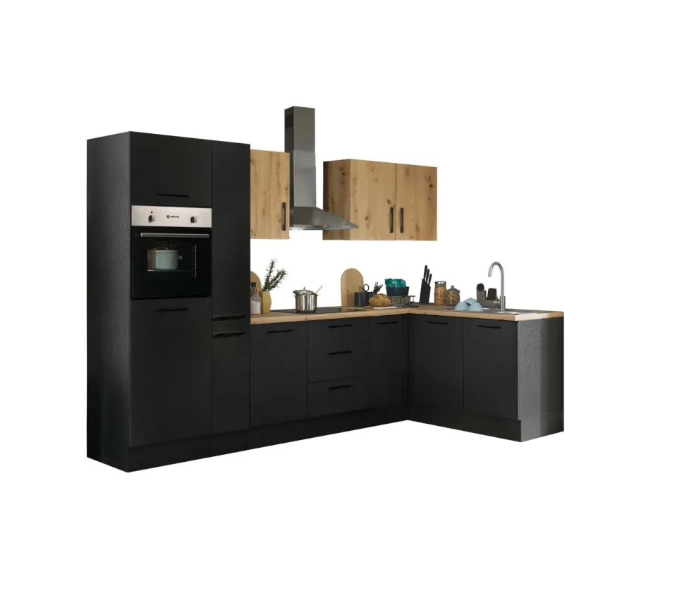 Bloc cuisine avec électroménager CORNWALL (cuisine d'angle-four-réfrigérateur-armoire coulissante) V