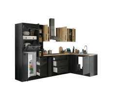 Bloc cuisine avec électroménager CORNWALL (cuisine d'angle-four-réfrigérateur-armoire coulissante) V
