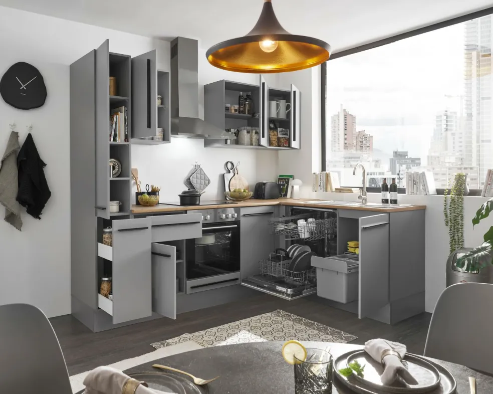 Bloc cuisine avec électroménager MANCHESTER (angle-armoire coulissante) I