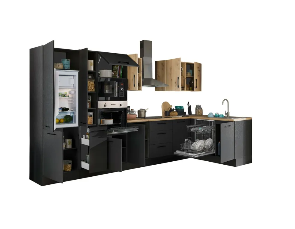 Bloc cuisine avec électroménager CORNWALL (cuisine d'angle-four-lave-vaisselle-réfrigérateur-micro-ondes-armoire coulissante) III