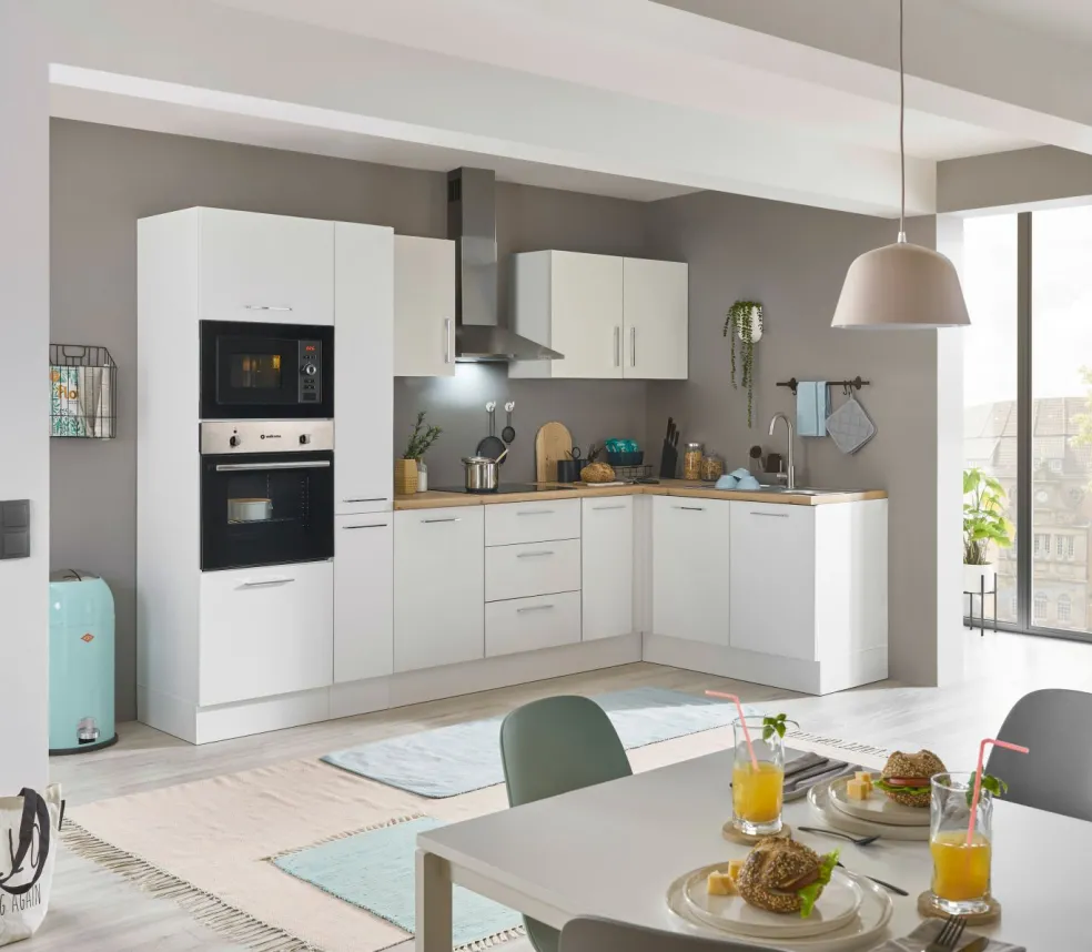 Bloc cuisine avec électroménager CORNWALL (cuisine d'angle-four-micro-ondes-armoire coulissante) I