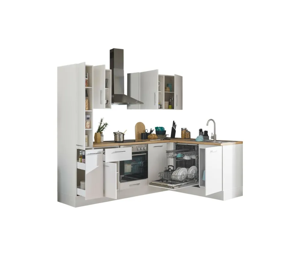 Bloc cuisine avec électroménager CORNWALL (cuisine d'angle-armoire coulissante-lave-vaisselle) I