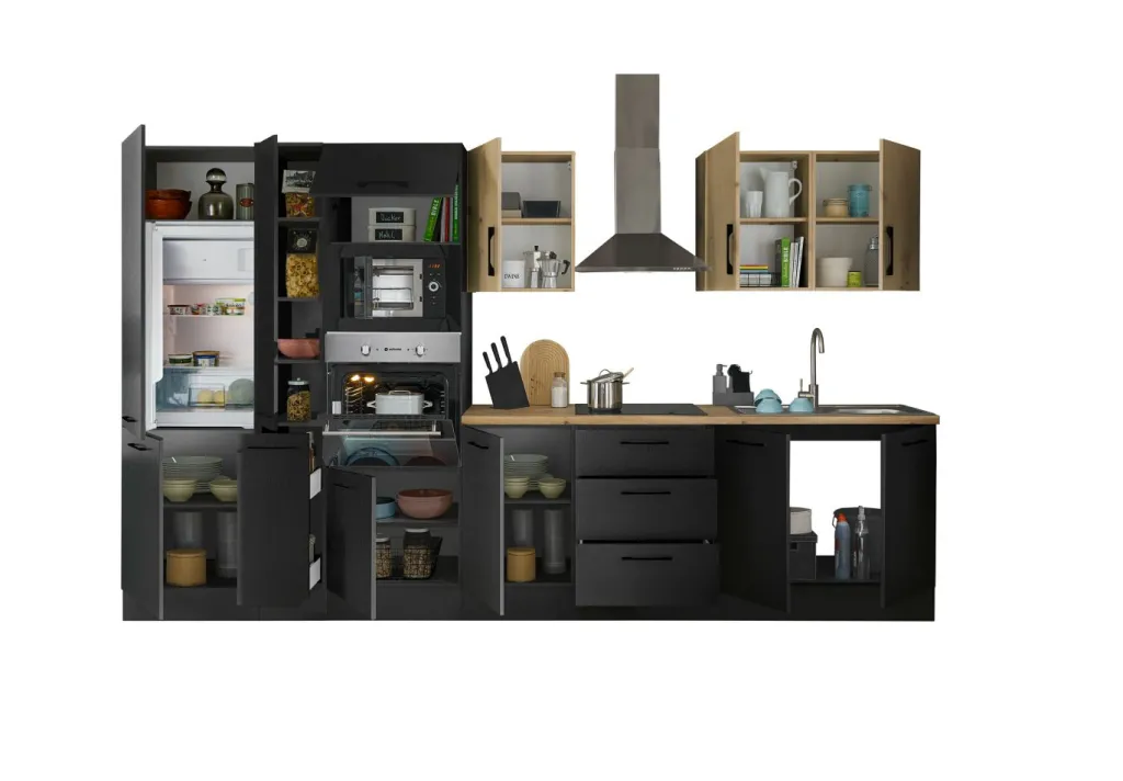 Bega BBK Cuisines Équipées|Afficher Blocs Cuisine<Bloc cuisine avec électroménager CORNWALL (bloc cuisine-four-réfrigérateur-micro-ondes-armoire coulissante) III